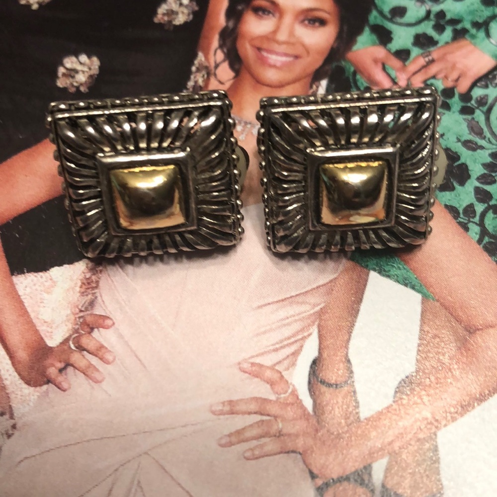Clip-Ons: Gold & Silver Square Earrings - Picture 3 of 8